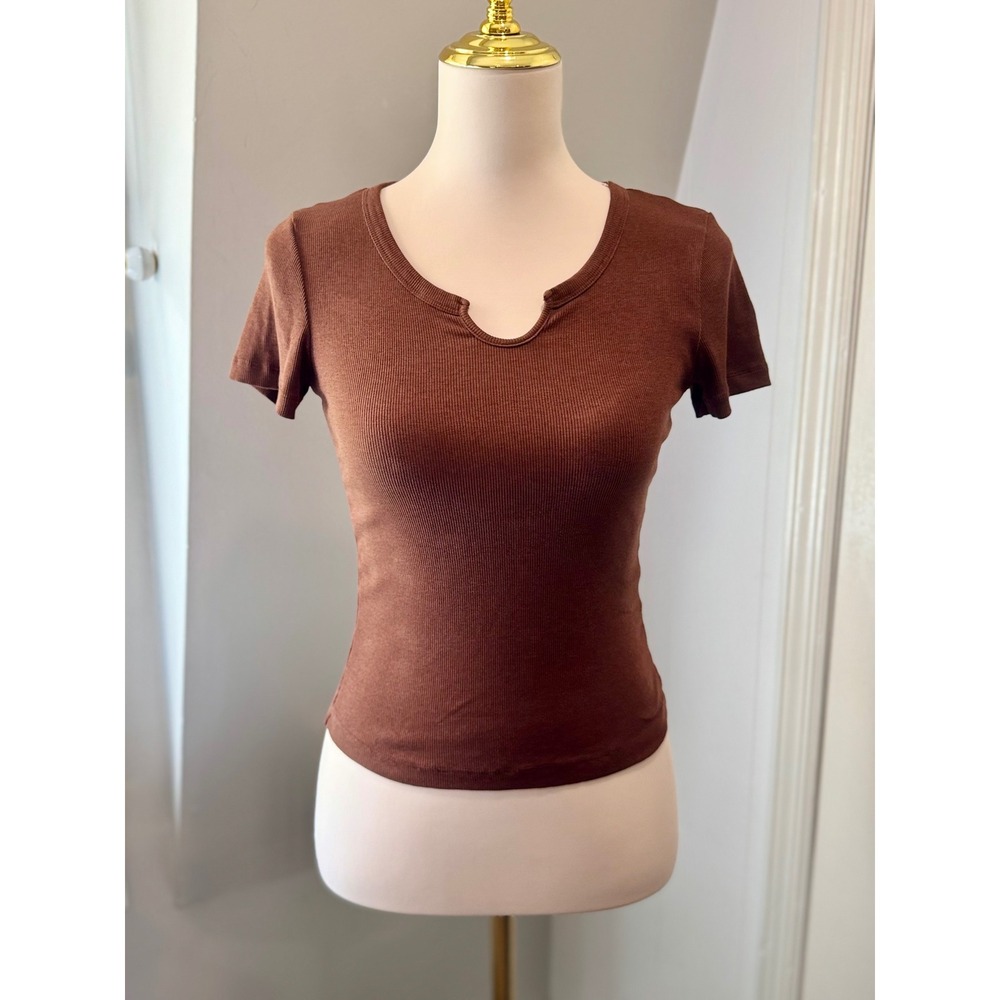 OGL Brown Ribbed Notch Neck Fitted Tee | Size Medium
